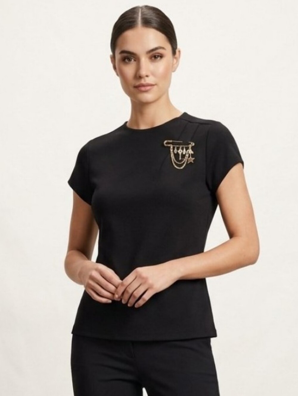 Badgley Mischka Black Short Sleeve Top with Gold Charm Detail